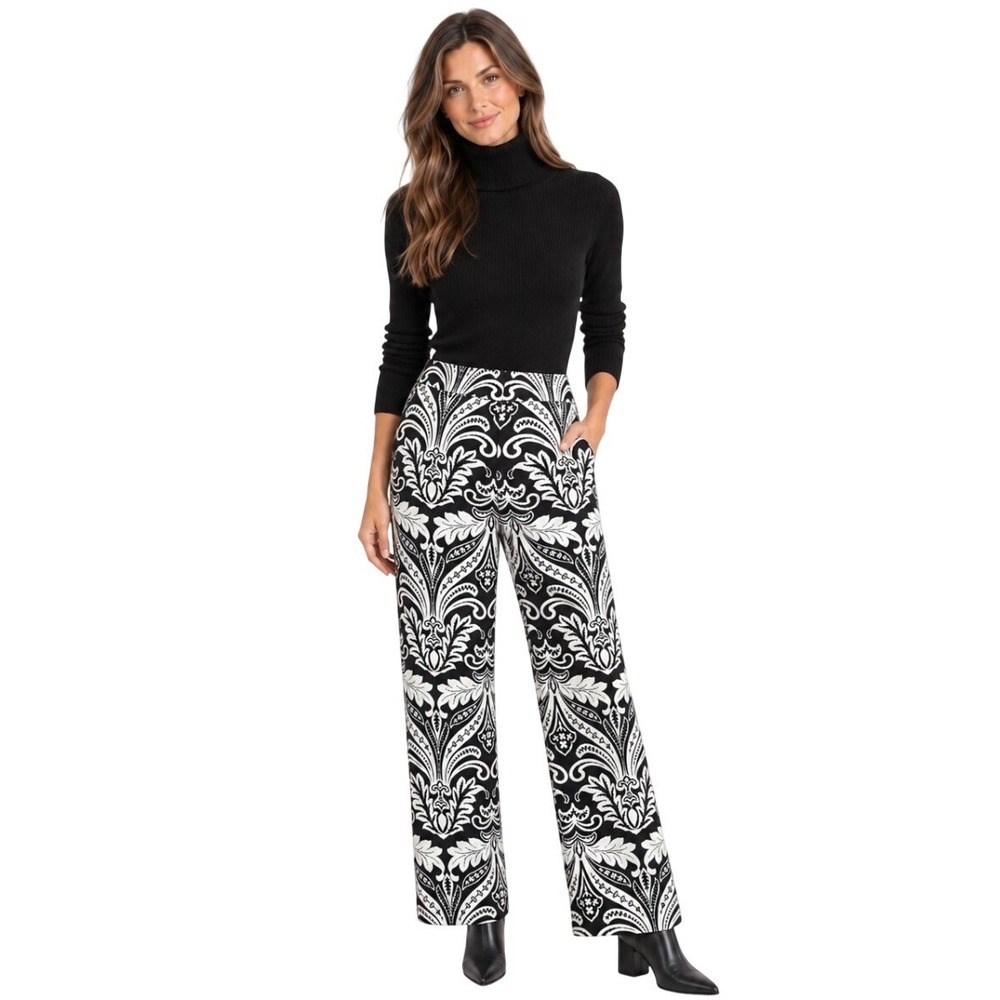 NWT Soft Surroundings Wide Leg Pants Black White Paisley Damask 1X 5GN78